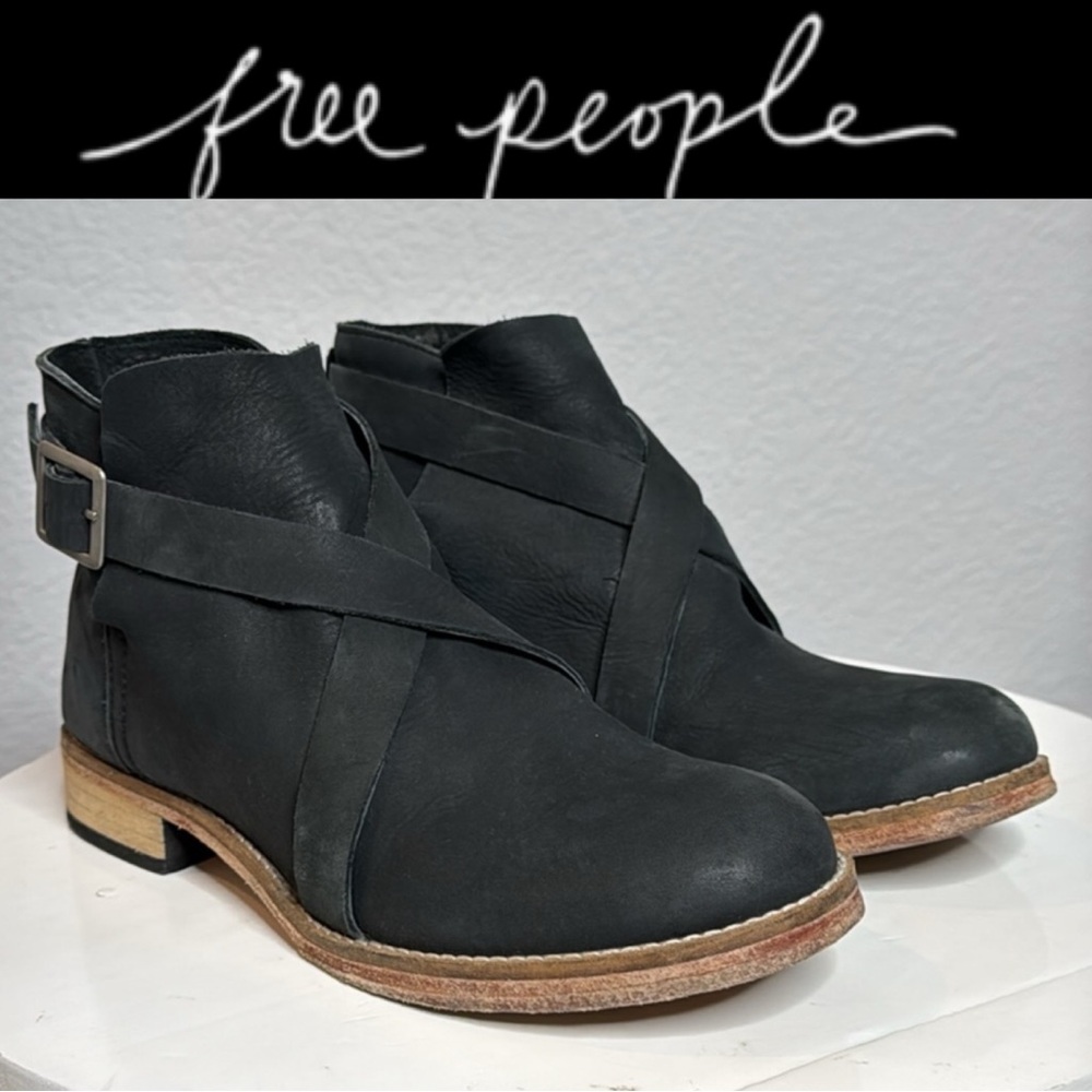 FREE PEOPLE LAS PALMAS DISTRESSED BLACK LEATHER ANKLE BOOTS WITH BUCKLE DETAIL